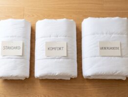 Drei Bettdecken in Standardgröße Komfortgröße und Übergröße nebeneinander