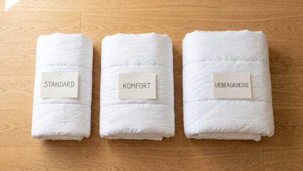 bettdecke groessen standardmasse Drei Bettdecken in Standardgröße, Komfortgröße und Übergröße nebeneinander auf dem Boden