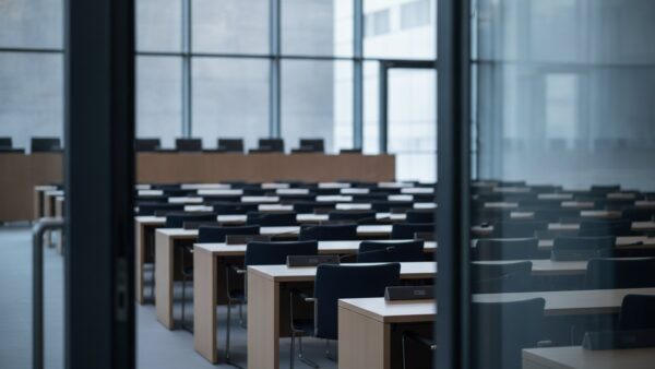 bitcoin steuer bild 4 Leerer heller Sitzungssaal mit Holzpulten und blauen Stühlen vor einer Glasfront