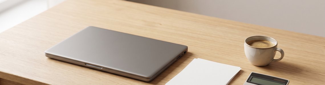 Heller Schreibtisch mit geschlossenem Laptop, Papierstapel, Taschenrechner und Kaffeetasse