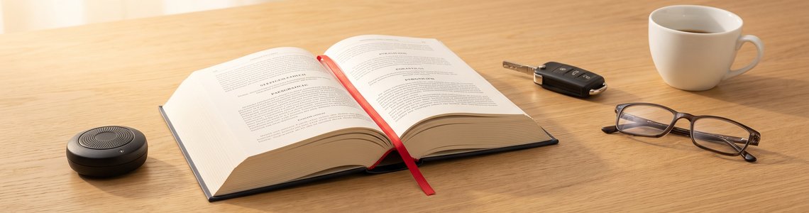 Blitzerwarner 2026: Gesetzbuch, Autoschlüssel und ein kleines Warngerät auf dem Schreibtisch