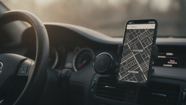 blitzerwarner technik Kleines rundes Verkehrswarngerät auf dem Armaturenbrett neben einem Smartphone in der Halterung