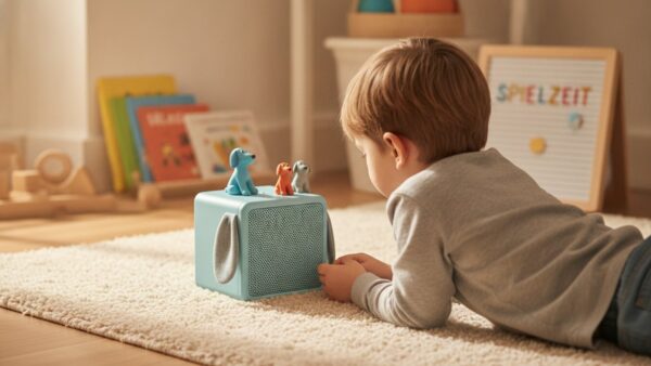 bluey tonies bild 2 Kind hört auf dem Teppich eine Hörfigur auf der Toniebox â Symbolbild fĂŒr den Inhalt der Bluey Tonies