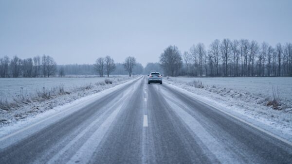 bmw ix3 bild 1 Leere Landstraße bei Raureif mit einem hellen Elektroauto in der Ferne