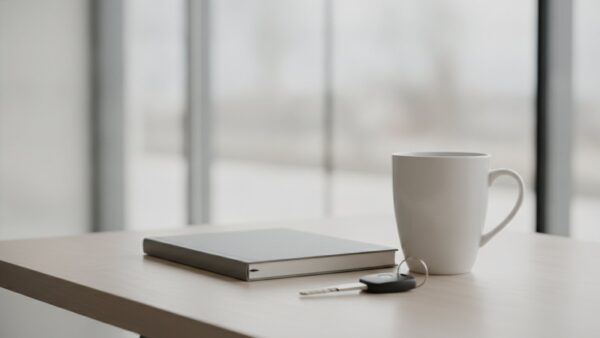 bmw ix3 bild 4 Autoschlüssel neben einem geschlossenen Notizbuch und einer Tasse auf einem hellen Schreibtisch