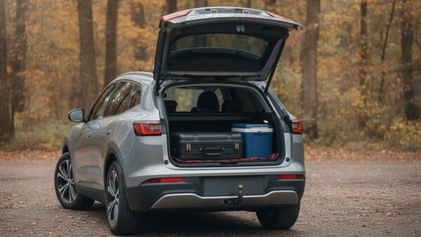 bmw ix3 leasing kofferraum alltag Geöffneter Kofferraum eines Elektro-SUV mit Koffer und Kühlbox – Alltag mit dem BMW iX3