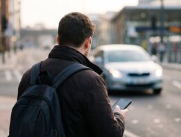 Person mit Rucksack wartet von hinten gesehen am Bahnhofsvorplatz auf einen herannahenden Wagen