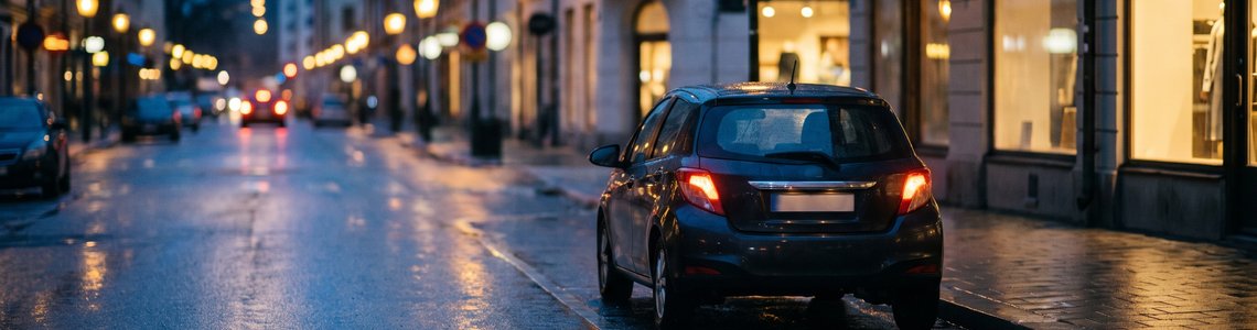 Dunkler Kompaktwagen hält am Abend an einer beleuchteten Großstadtstraße mit nassem Asphalt