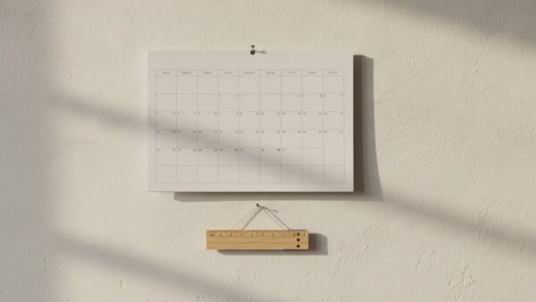 bosch adventskalender bild 3 Leeres Wandkalenderblatt an einer hellen Wand, darunter ein hölzerner Zollstock