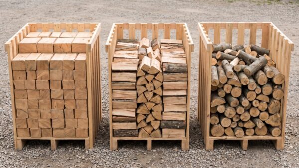 brennholz kaufen bild 1 Drei gleich große Holzkisten mit massivem, geschichtetem und lose geschüttetem Holz im Vergleich