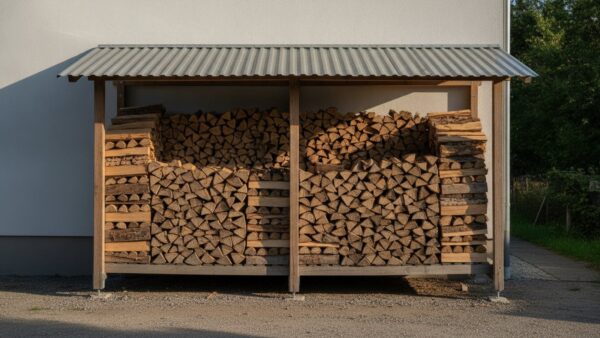 brennholz kaufen bild 3 Brennholzstapel unter einem Blechdach mit Bodenabstand und Abstand zur Hauswand