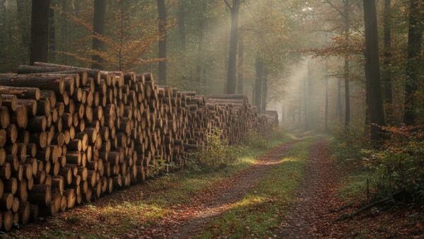 brennholz kaufen bild 4 Polter aus entasteten Stammabschnitten am Rand eines herbstlichen Waldwegs