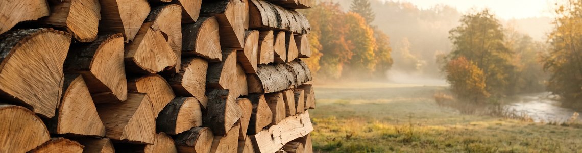 Aufgeschichteter Stapel gespaltener Buchenscheite vor einer herbstlichen Wiese