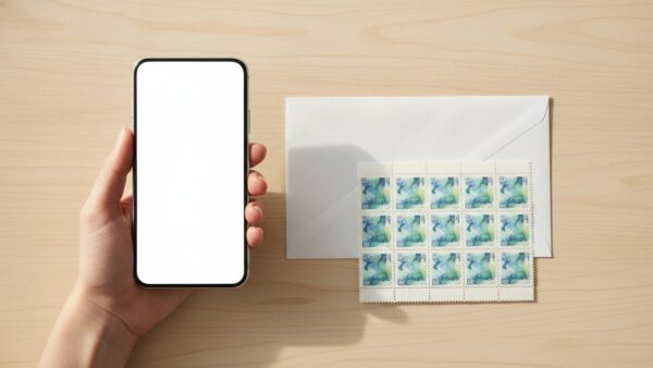 brief porto frankieren Smartphone und Briefmarkenbogen neben einem Brief zum Frankieren ohne Briefmarke