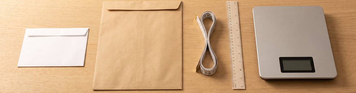 Briefumschlaege, Massband und Briefwaage auf einem Schreibtisch zum Briefporto ermitteln