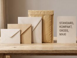 Vier Briefformate nebeneinander als Portotabelle Standardbrief Kompaktbrief Grossbrief Maxibrief