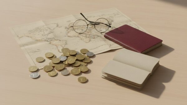 bucket liste reisekosten Reisekosten planen mit Weltkarte, Reisepass und Sparbuch auf hellem Holztisch