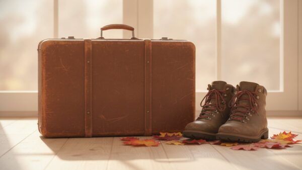 bucket liste reisezeit GĂŒnstige Reisezeit fĂŒr die Bucket List: Koffer und Wanderschuhe im Herbstlicht