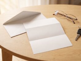Geöffneter Briefumschlag, leerer Briefbogen, Lesebrille und Autoschlüssel auf Holztisch
