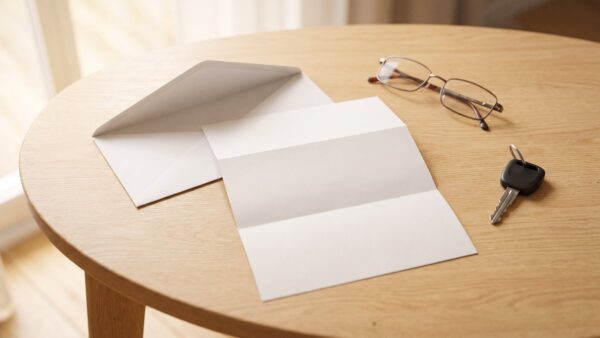 bussgeldbescheid verjaehrung bild 1 Geöffneter Briefumschlag, leerer Briefbogen, Lesebrille und Autoschlüssel auf Holztisch