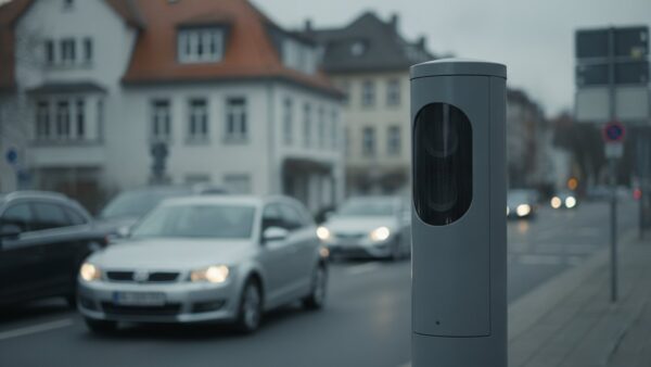 bussgeldbescheid verjaehrung bild 2 Graue Geschwindigkeitsmesssäule am Rand einer Innerortsstraße bei bedecktem Himmel