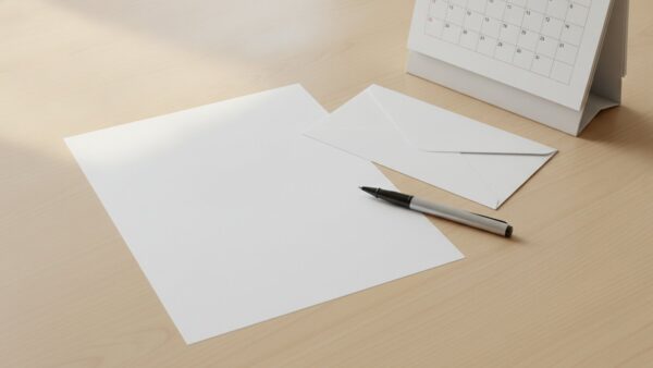 bussgeldbescheid verjaehrung bild 4 Leerer Briefbogen, Kugelschreiber, Briefumschlag und unbeschrifteter Tischkalender auf Holz