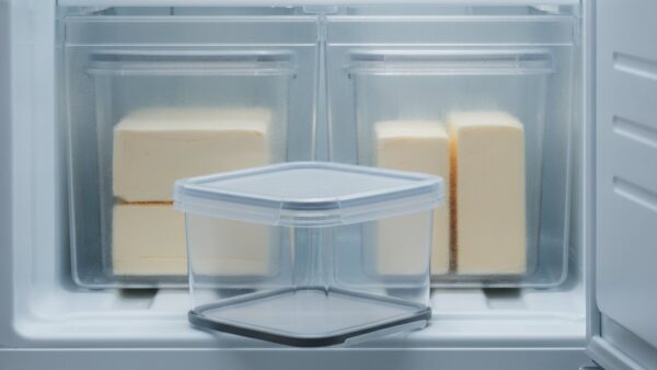 butterpreis 2026 bild 3 Geöffnetes Gefrierfach mit durchsichtigen Dosen voll portionierter Butter