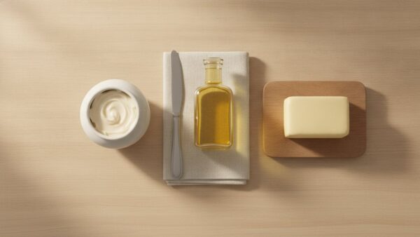 butterpreis 2026 bild 4 Streichfett im Tiegel, Ölflasche ohne Etikett und ein Stück Butter auf einem Holztisch