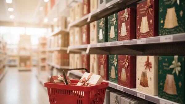 catrice adventskalender drogerie Beauty-Adventskalender im Drogeriemarkt-Regal mit Einkaufskorb