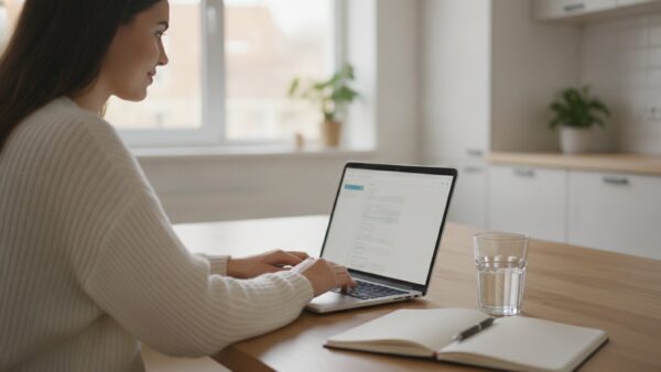Frau nutzt die kostenlose ChatGPT Version am Laptop in der Küche