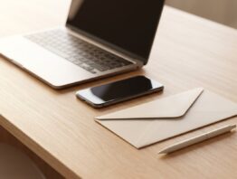 chatgpt login bild 1 Laptop mit abgewandtem Bildschirm, Smartphone und Briefumschlag auf einem Schreibtisch – ChatGPT-Konto registrieren