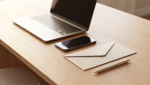 chatgpt login bild 1 Laptop mit abgewandtem Bildschirm, Smartphone und Briefumschlag auf einem Schreibtisch – ChatGPT-Konto registrieren