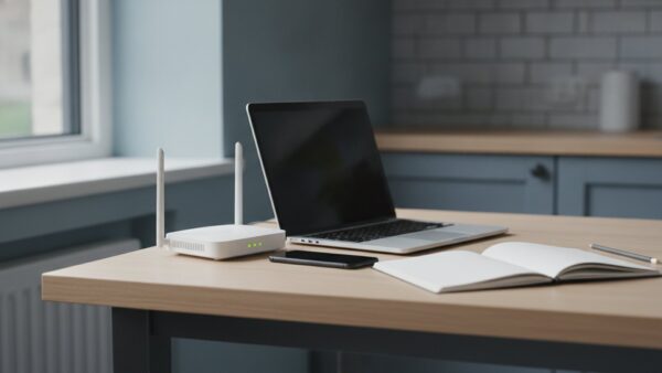 chatgpt login bild 2 Laptop, WLAN-Router und Smartphone auf einem Küchentisch – wenn der ChatGPT Login nicht funktioniert