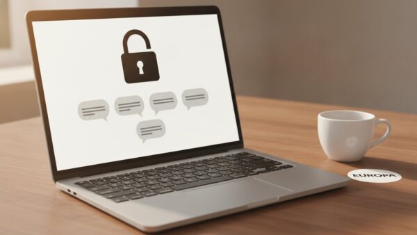 chatgpt oder claude datenschutz Datenschutz bei ChatGPT und Claude: Laptop mit Schloss-Symbol und Europa-Sticker