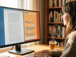 ChatGPT oder Claude für lange Texte: Autorin mit Textdokument und Chat-Fenster