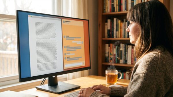chatgpt oder claude texte ChatGPT oder Claude für lange Texte: Autorin mit Textdokument und Chat-Fenster