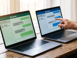 ChatGPT oder Gemini im Vergleich: zwei Laptops mit grünem und blauem Chat-Fenster