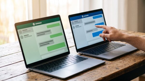 chatgpt oder gemini vergleich ChatGPT oder Gemini im Vergleich: zwei Laptops mit grünem und blauem Chat-Fenster
