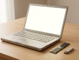 chromeos flex bild 1 Älteres Notebook mit leerem Bildschirm, daneben ein Arbeitsspeicher-Riegel und ein USB-Stick