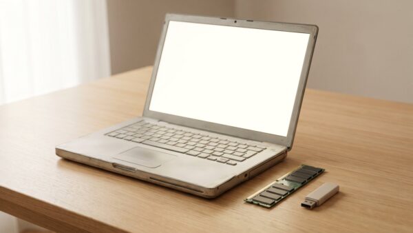 chromeos flex bild 1 Älteres Notebook mit leerem Bildschirm, daneben ein Arbeitsspeicher-Riegel und ein USB-Stick