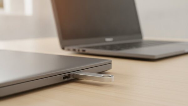 chromeos flex bild 2 USB-Stick steckt im Anschluss eines älteren Notebooks auf dem Schreibtisch
