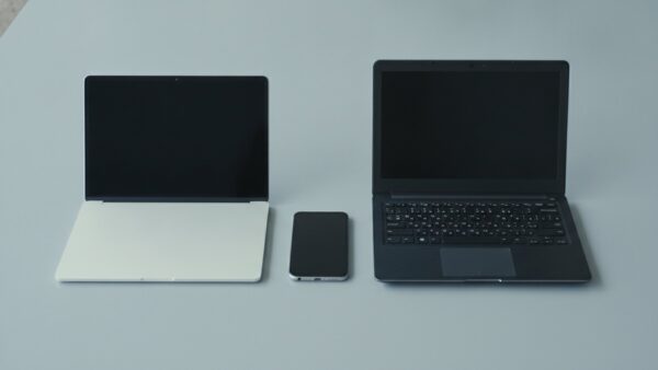 chromeos flex bild 3 Neues und älteres Notebook nebeneinander, dazwischen ein Smartphone mit ausgeschaltetem Display