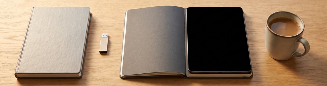 Zwei ältere Notebooks, ein USB-Stick und eine Kaffeetasse auf einem hellen Holzschreibtisch