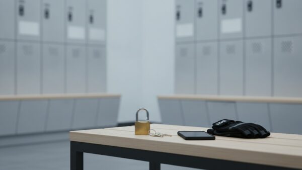 clever fit login bild 2 Geöffnetes Vorhängeschloss, Schlüssel, Smartphone und Trainingshandschuhe auf einer Bank in der Umkleide