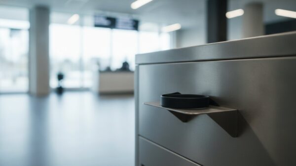 clever fit login bild 4 Zutrittsterminal neben einem Drehkreuz im Studioeingang, davor ein schwarzes Mitgliedsband