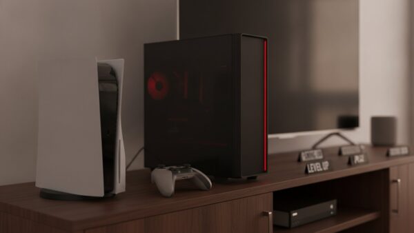 control resonant bild 2 Spielkonsole, Gaming-PC und Controller auf einem Sideboard im Wohnzimmer