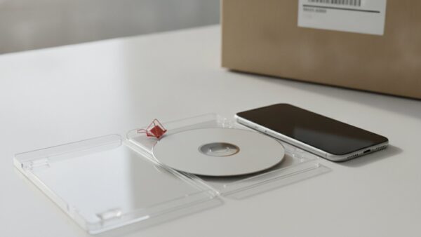 control resonant bild 3 Leere SpielehĂĽlle mit unbedruckter Disc und Smartphone auf einem Schreibtisch vor einem Paketkarton
