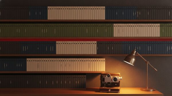 control resonant bild 4 Regal mit unbeschrifteten Spielehüllen, Diaprojektor und Lampe, ein roter Lichtstreifen fällt über die Reihen