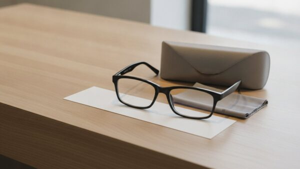 datenbrille kaufen bild 2 Brille auf einem leeren Papierstreifen neben Etui und Mikrofasertuch auf einer Ladentheke
