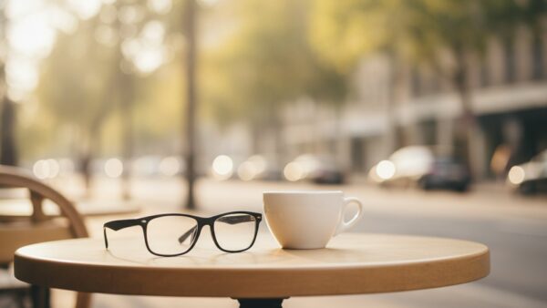 datenbrille kaufen bild 4 Aufgeklappte Brille auf einem Cafétisch neben einer weißen Tasse vor unscharfer Straße